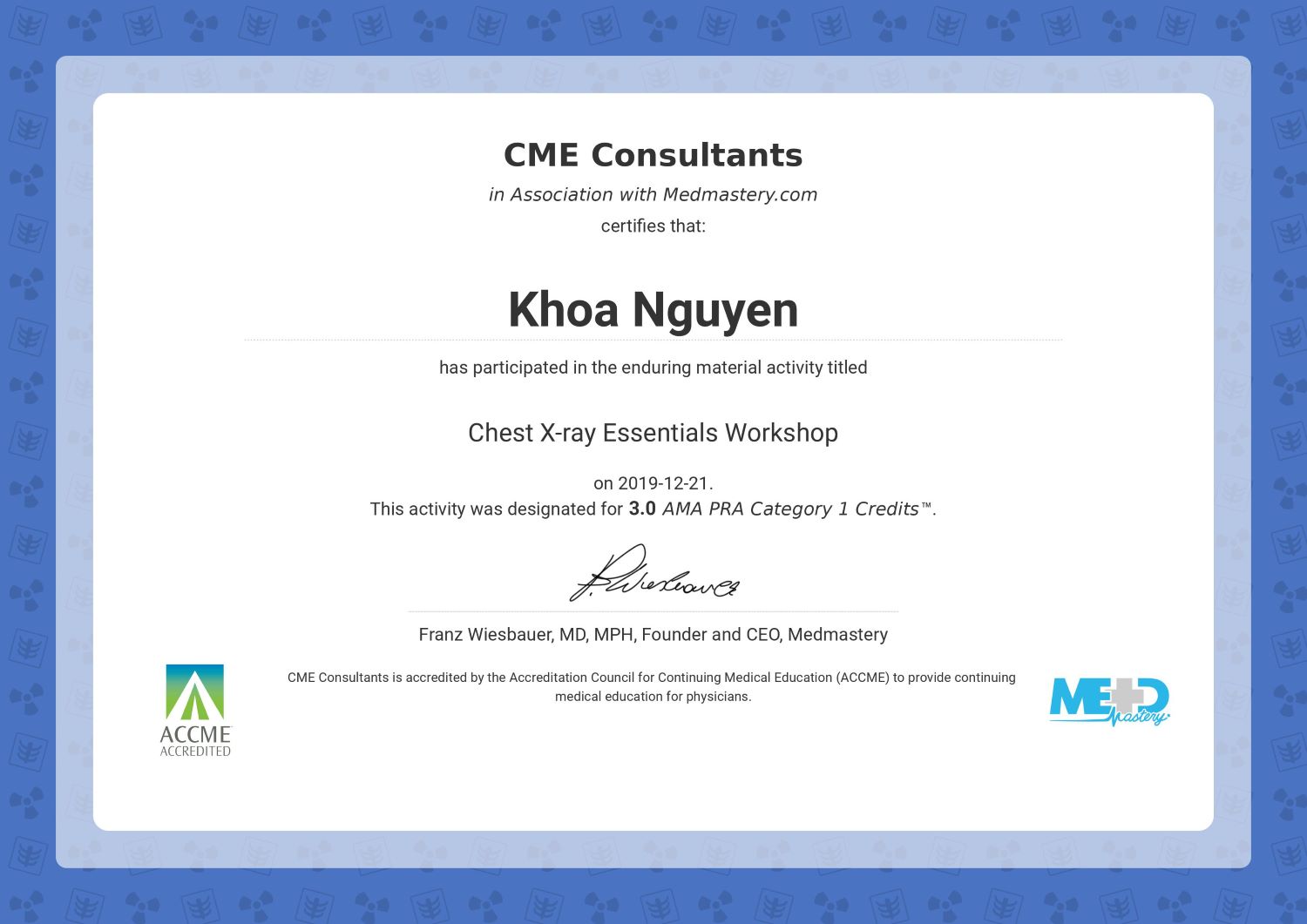 CME Certificate - Chest X-ray Essentials Workshop