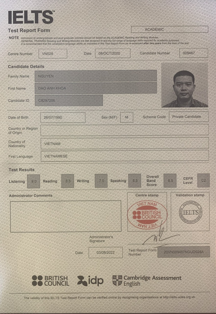 Chứng nhận IELTS của thầy Khoa Nguyễn